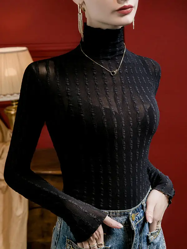 Long Sleeve Curve Fit Jacquard Sheer Panel Detail High Neck T-Shirt