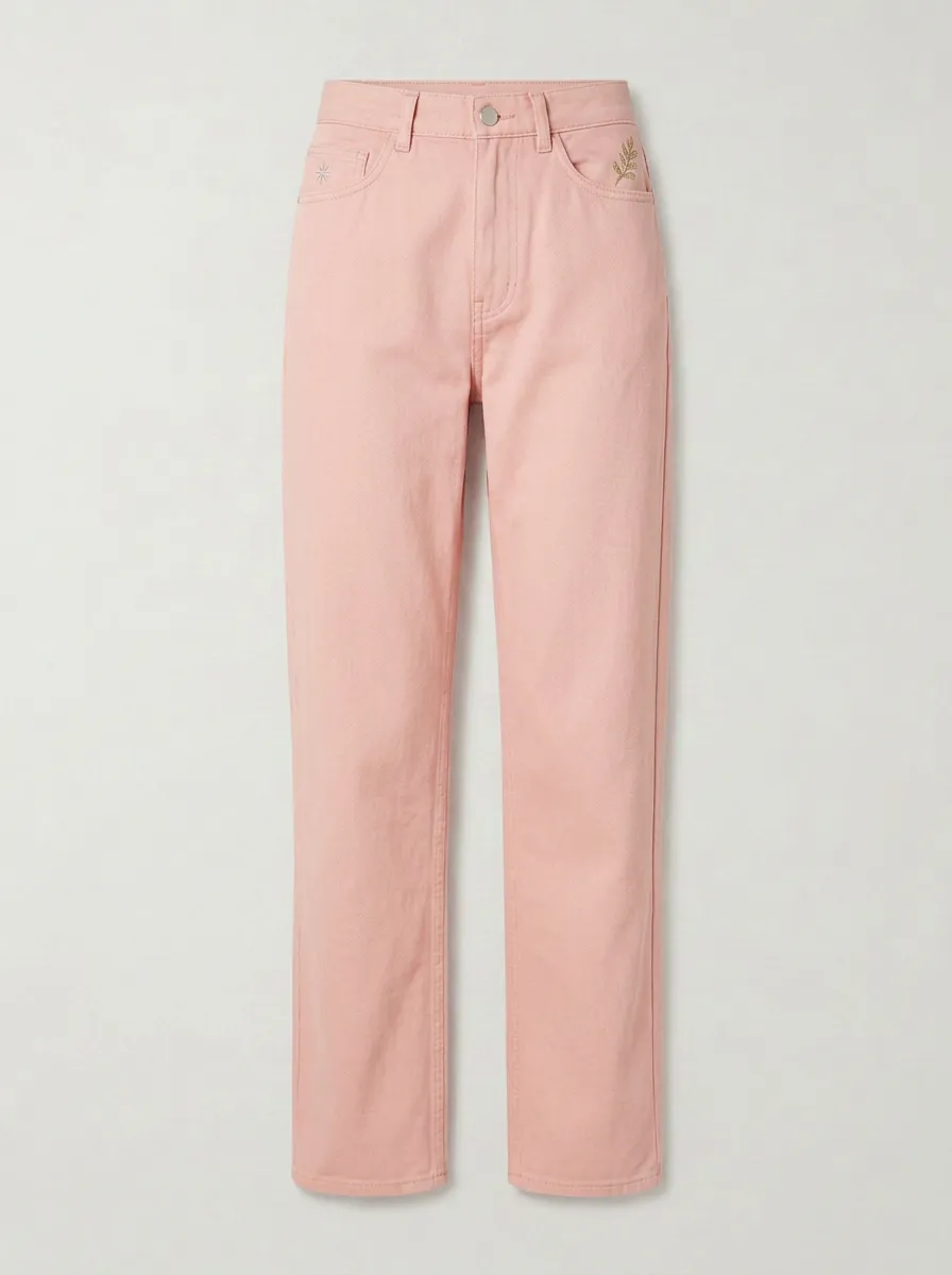Women's Botanical Minimalist Leaf Embroidered Mid-Rise Straight Leg Pants