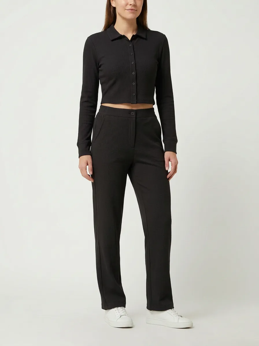Women's Waffle-Knit Button-Down Polo Crop Top and Straight-Leg Trouser Set
