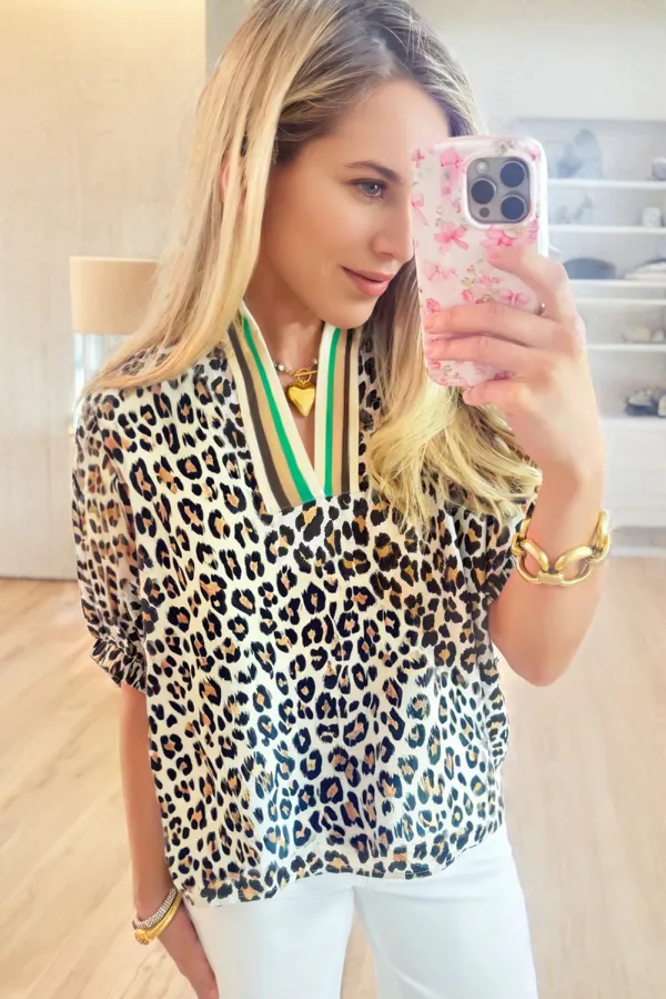 Khaki Leopard Block Contrast Striped Blouse