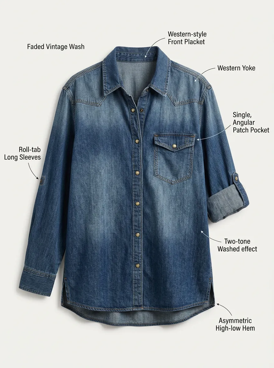 Women's Western Vintage Wash Denim Roll-tab Long Sleeve Shirt