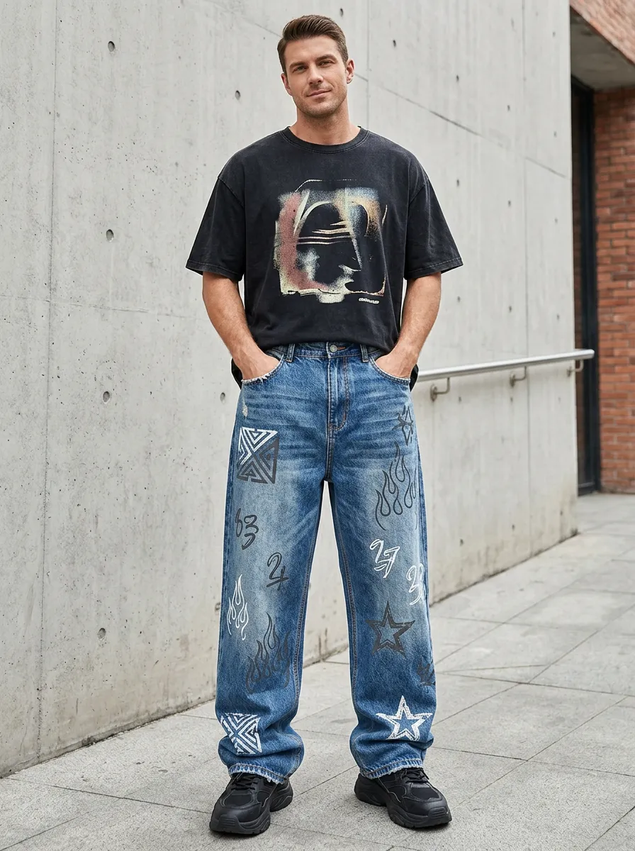 Unisex Urban Streetwear Star Flame Jeans