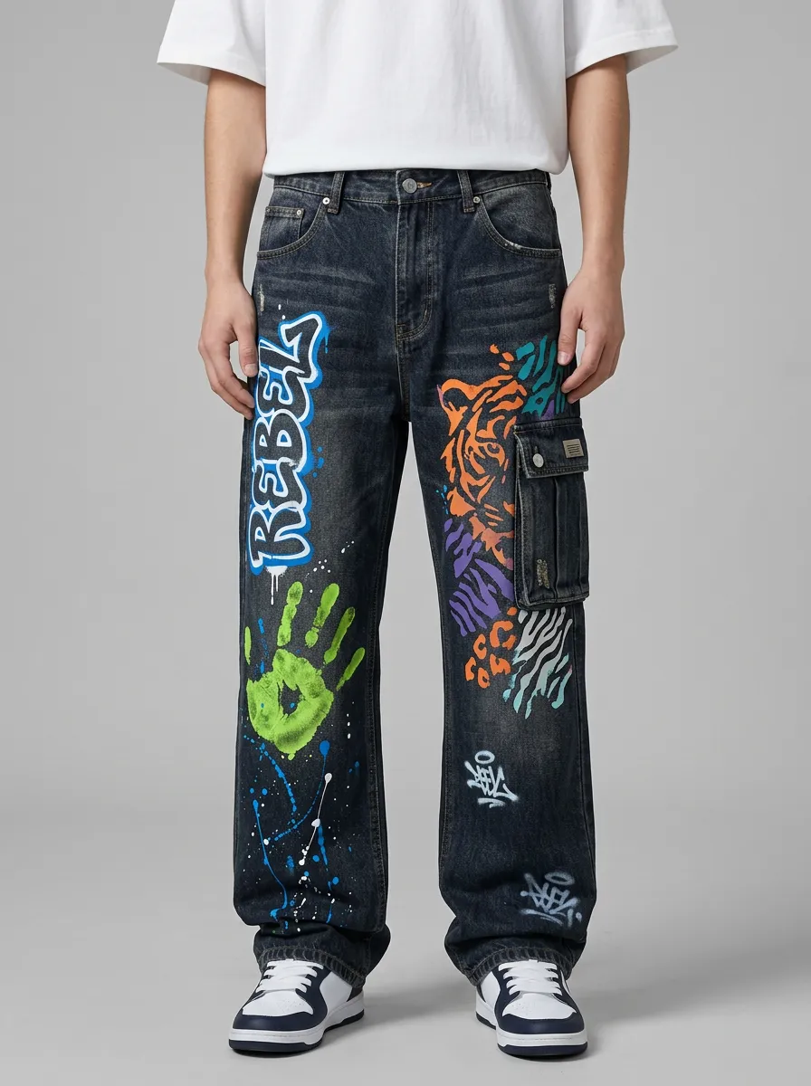 Men's Streetwear Rebel Tiger Hand Graffiti Graphic Cargo Jeans