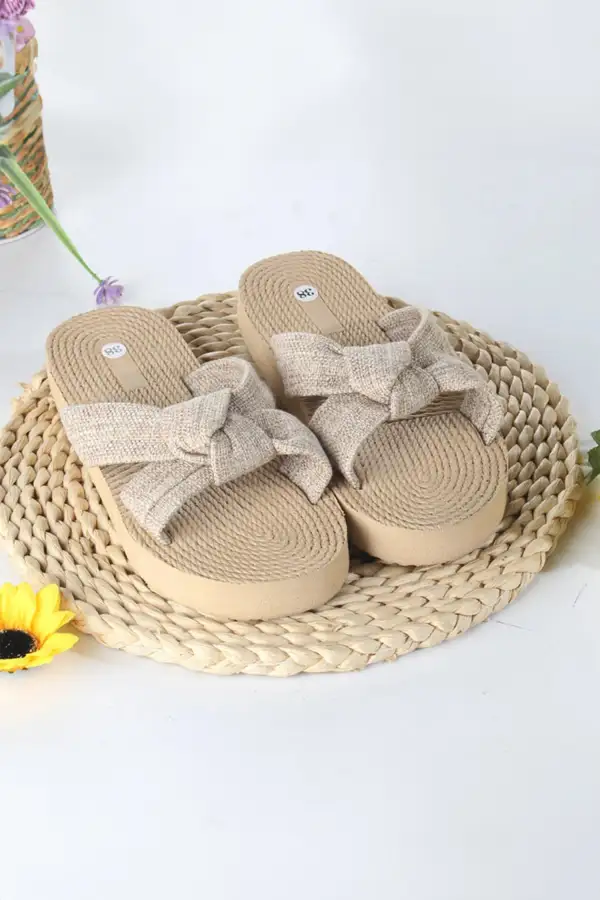 Boho Bow Detail Raffia Woven Flat Sandals