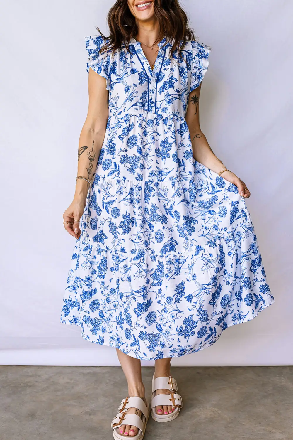 Polished Detail Floral Ruffle Tiered Midi Dress