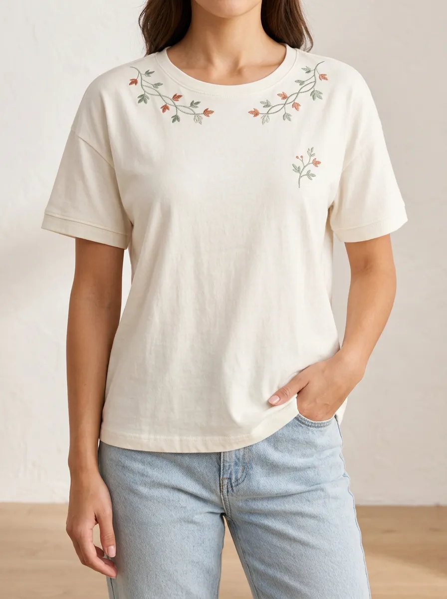 Floral Print Embroidered Detail Women's Short Sleeve Jersey Tee