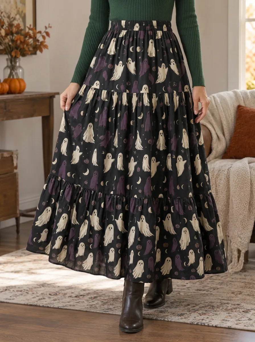Women's Halloween Ghost Moon High Waist Maxi Skirt