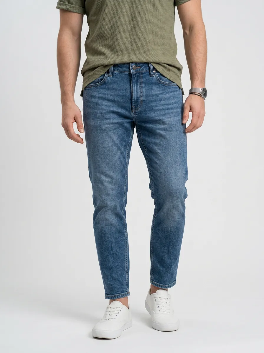 Men's Casual Olive Waffle Knit T-shirt and Blue Denim Jeans Set