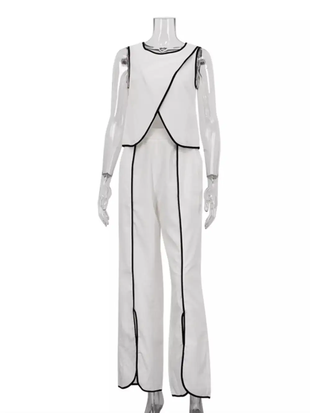 Contrast Trim Sleeveless Top and Wide Leg Pants Set