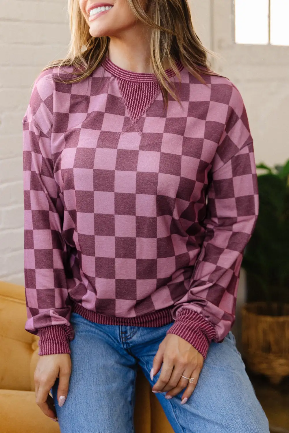 Checkered Print Round Neck Ribbed Stretch Fabric Long Sleeve Top