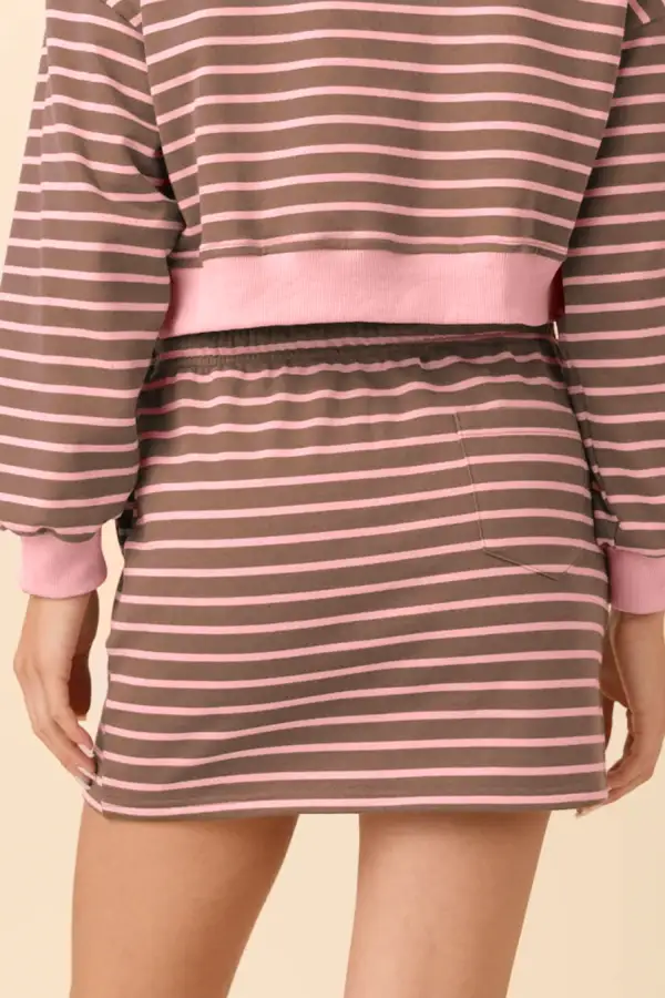 Women's Striped Drawstring Waist Long Sleeve Top Mini Skort Set