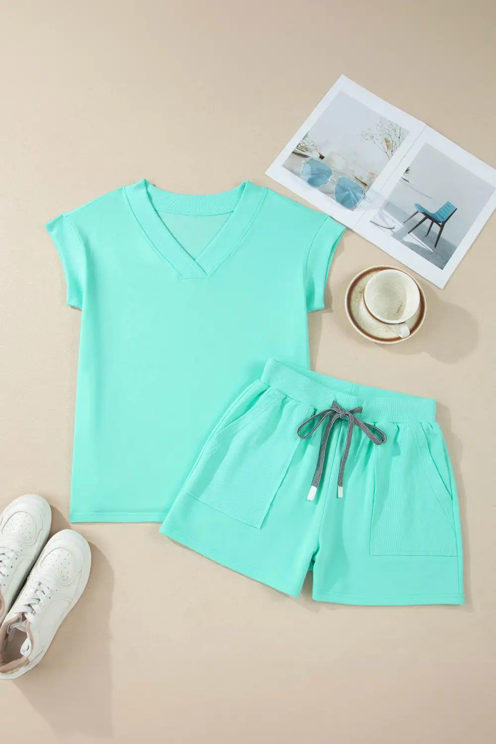 Sleeve Drawstring Relaxed Shorts Lounge Set Comfort