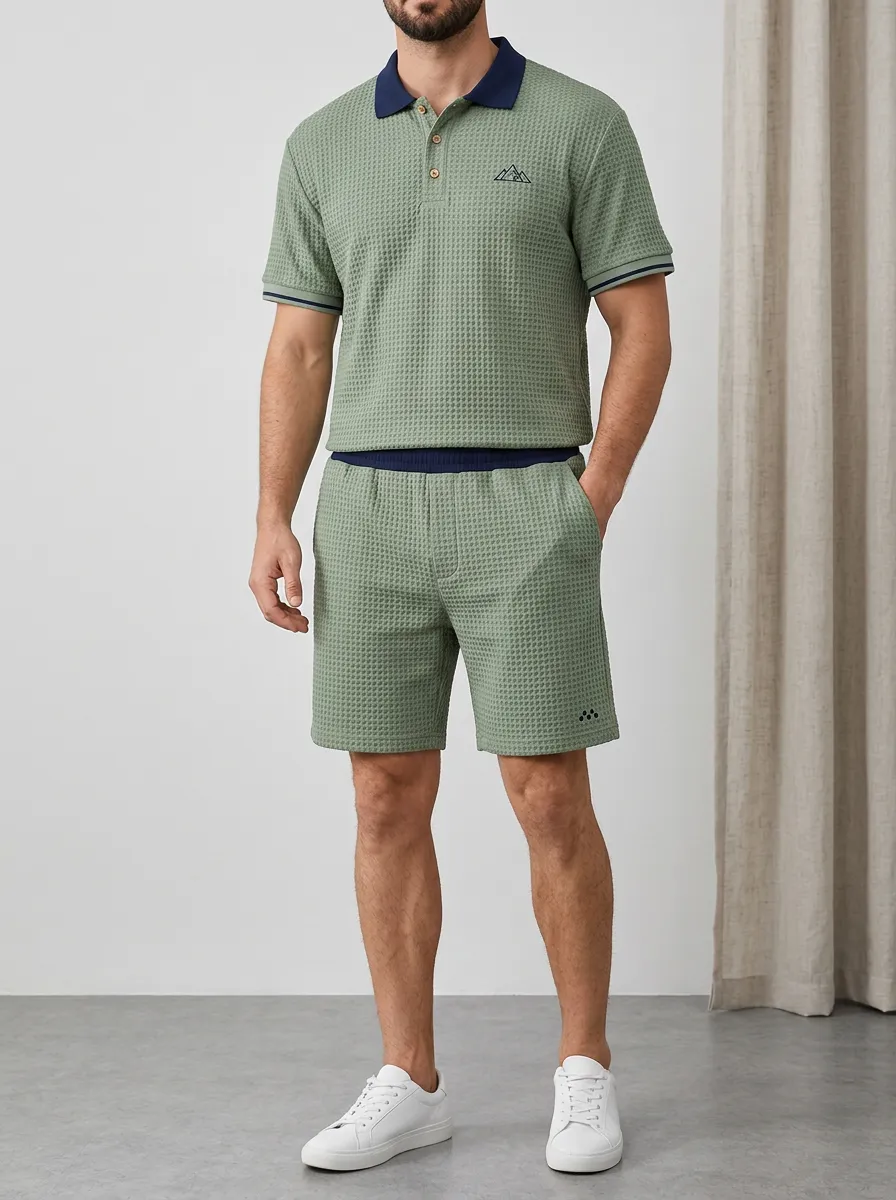 Men's Casual Mountain Logo Waffle Knit Printed Polo Shirt