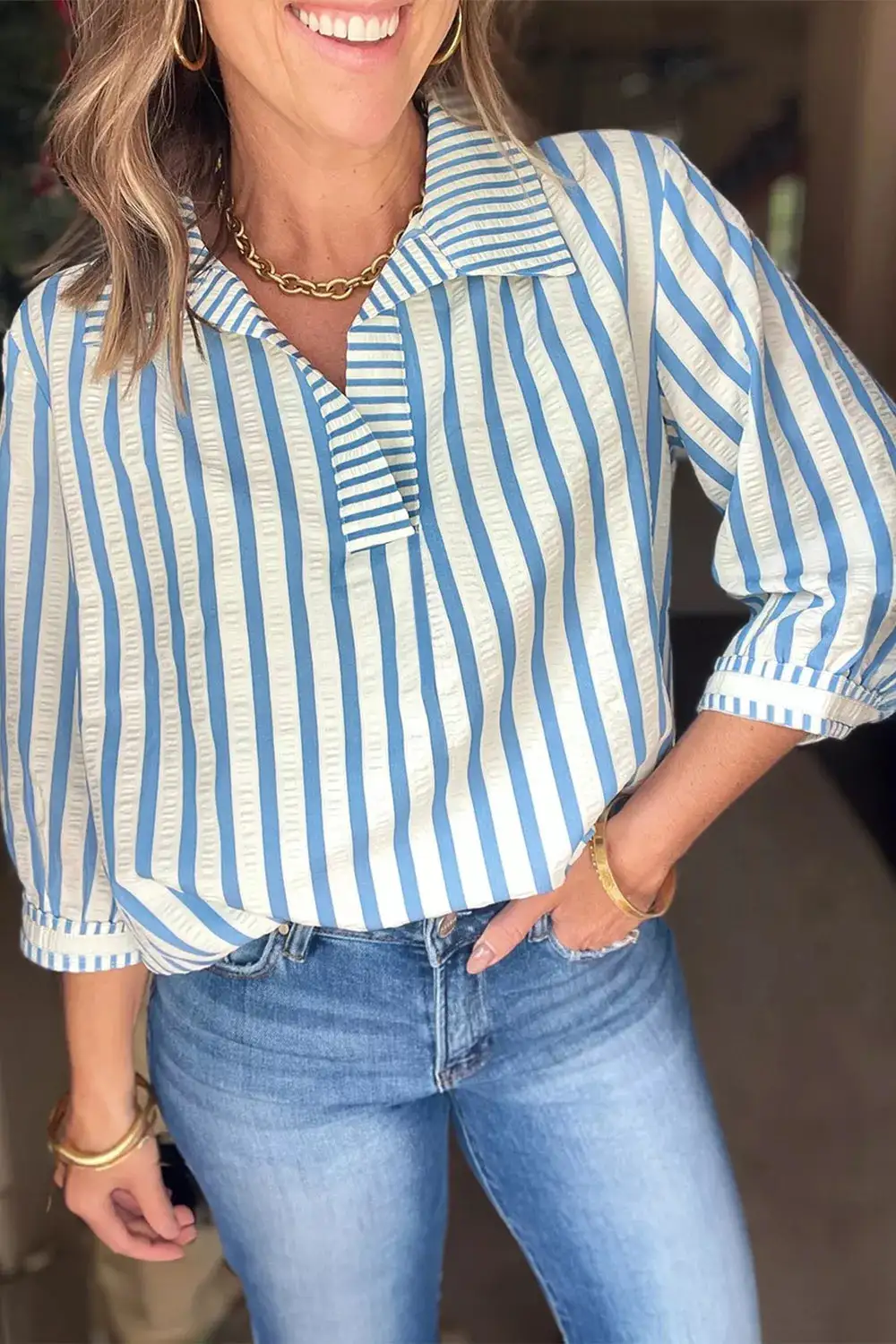 Stripe Sleeve Collared Neck Blouse