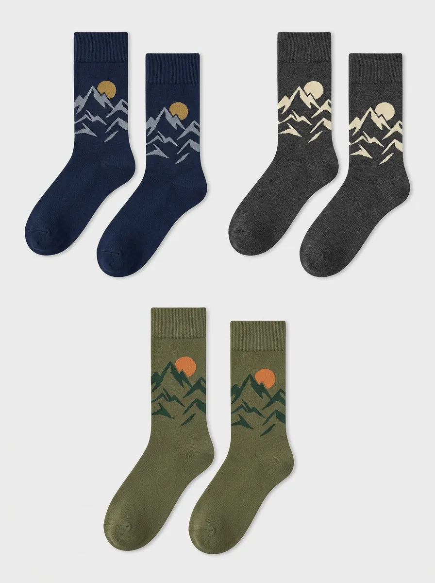 Men's Three-Pair Mountain Sun Graphic Crew Sock Set