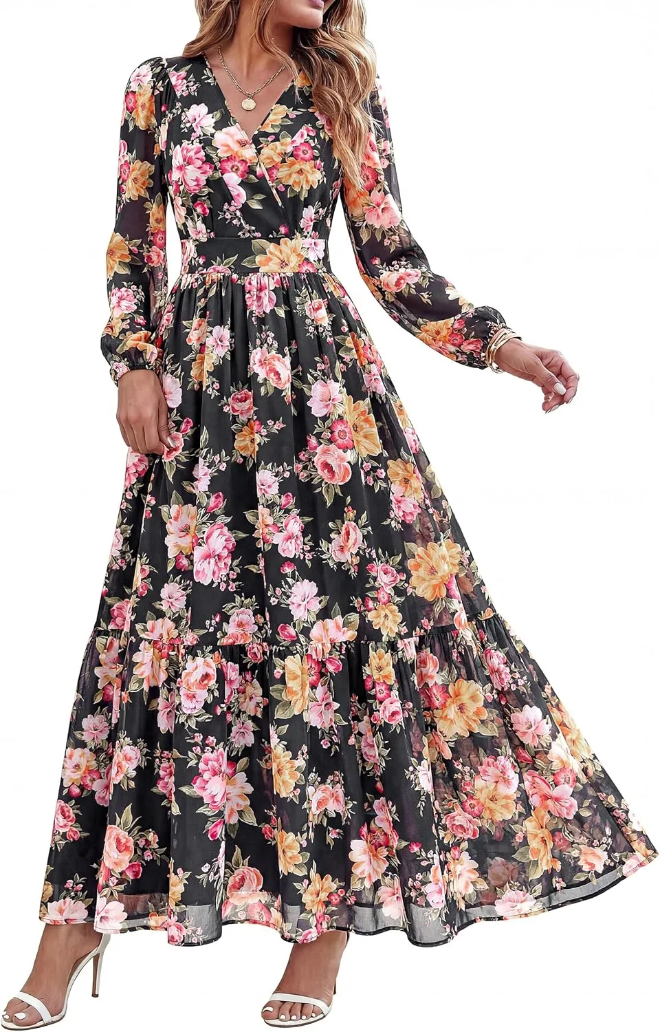 dowerme Women Fall Long Sleeve Wrap V Neck Floral Belted Boho Maxi Dress