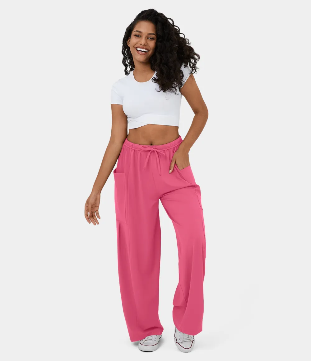 Mid Rise Elastic Waistband Drawstring Side Pocket Palazzo Flowy Wide Leg Casual Pants