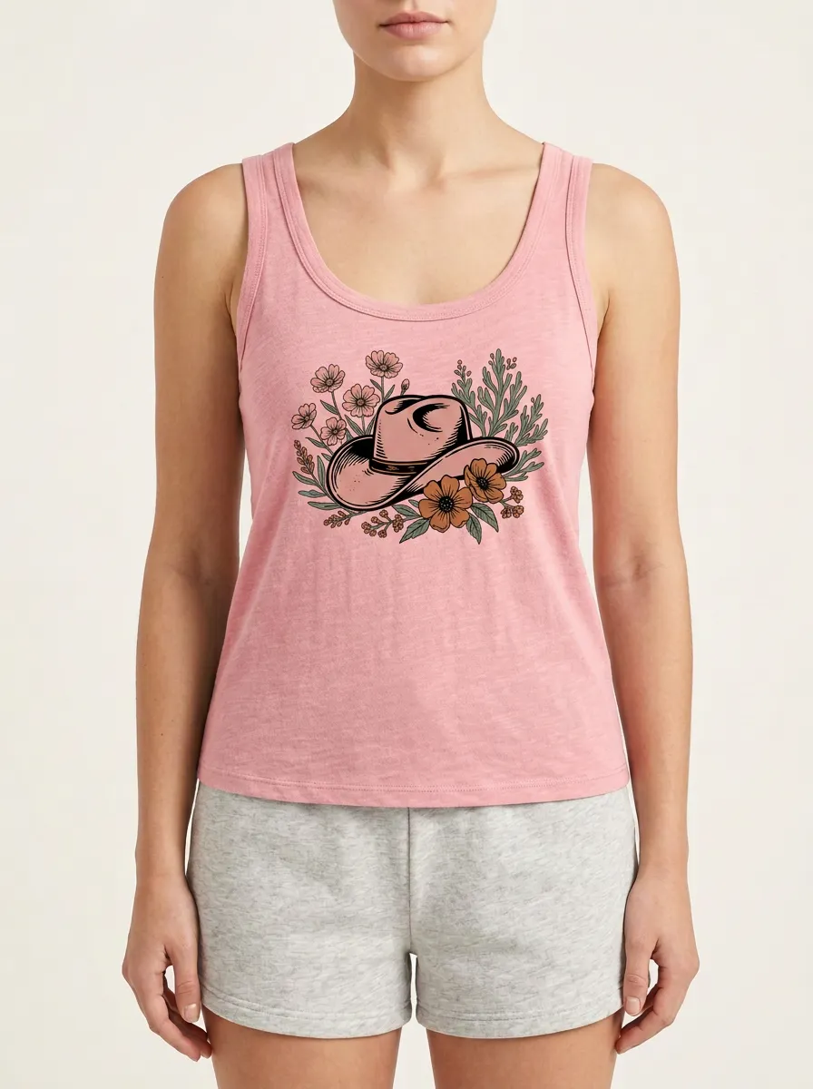 Cowgirl Cowboy-Hat Floral Built-In Bra Tank Top