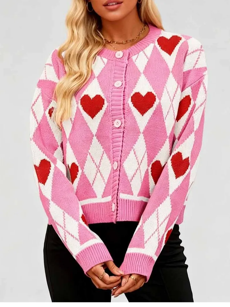 Valentine Heart Graphic Round Neck Knit Cardigan