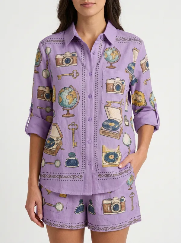 Women's Vintage Traveler Globe Camera Record Player Printed Shirt