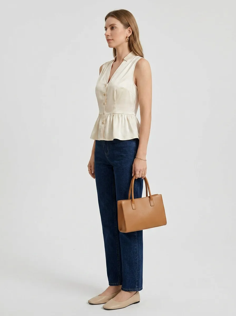 V-Neck Button Down Peplum Sleeveless Top
