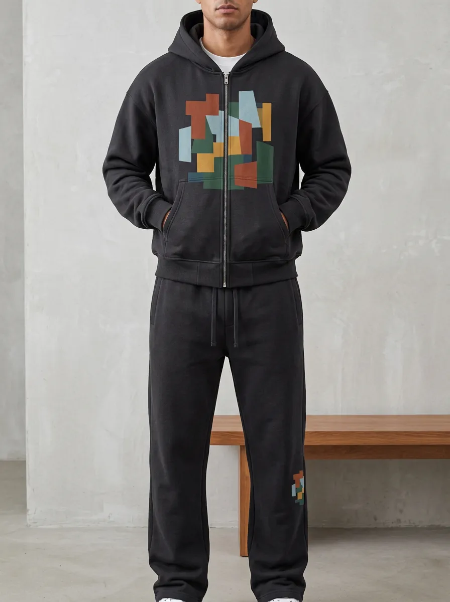 Men's Abstract Geometric Pattern Printed Zip-up Hoodie Sweatsuit