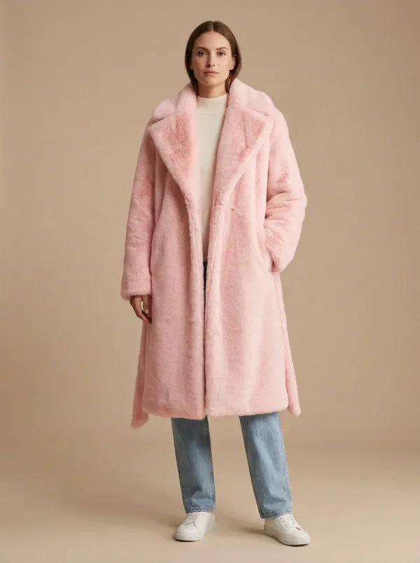 Notched Lapel Faux Fur Long Coat