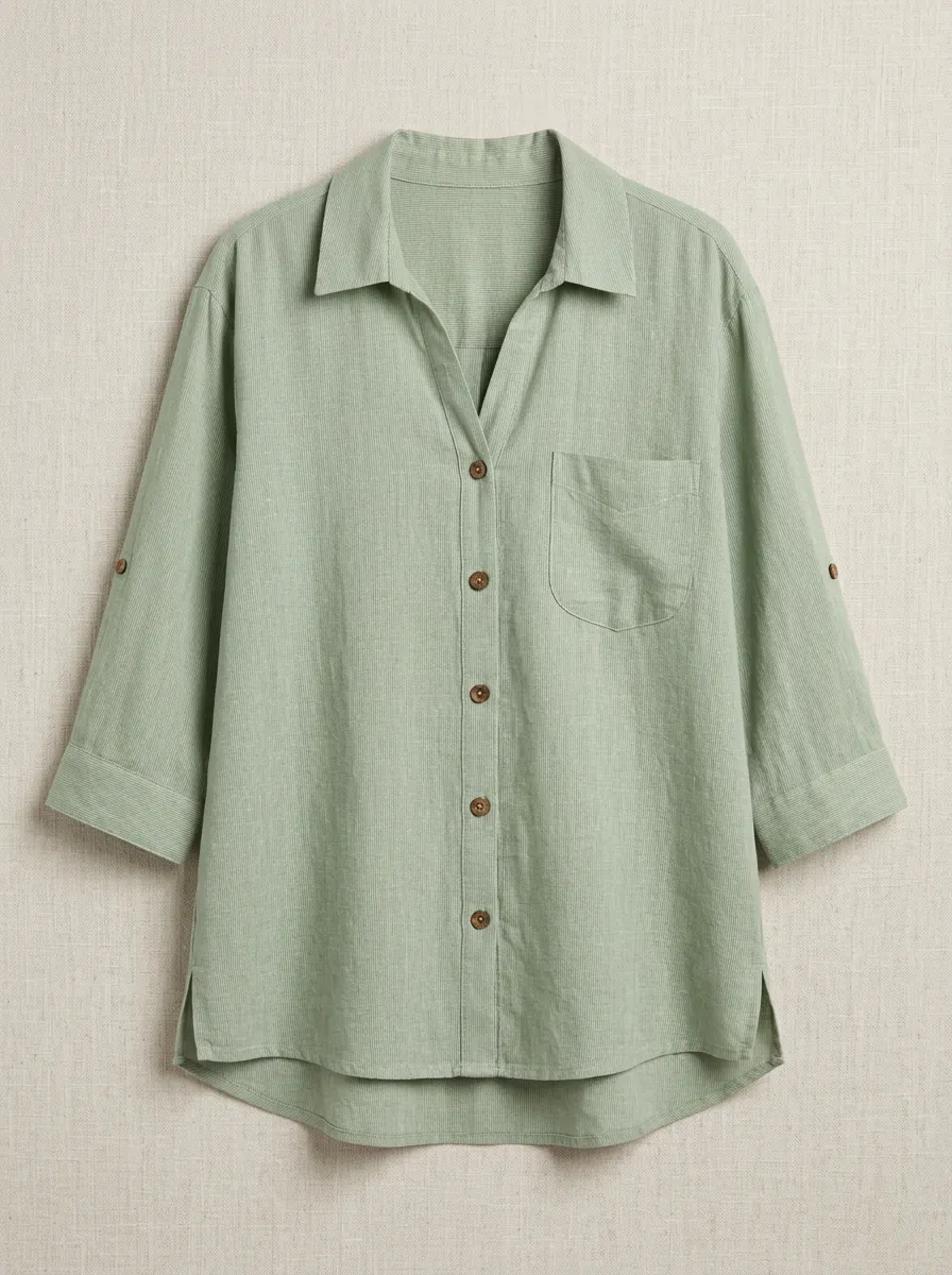 Women's Sage Green Button-Down Shirt with Roll-Tab Sleeves