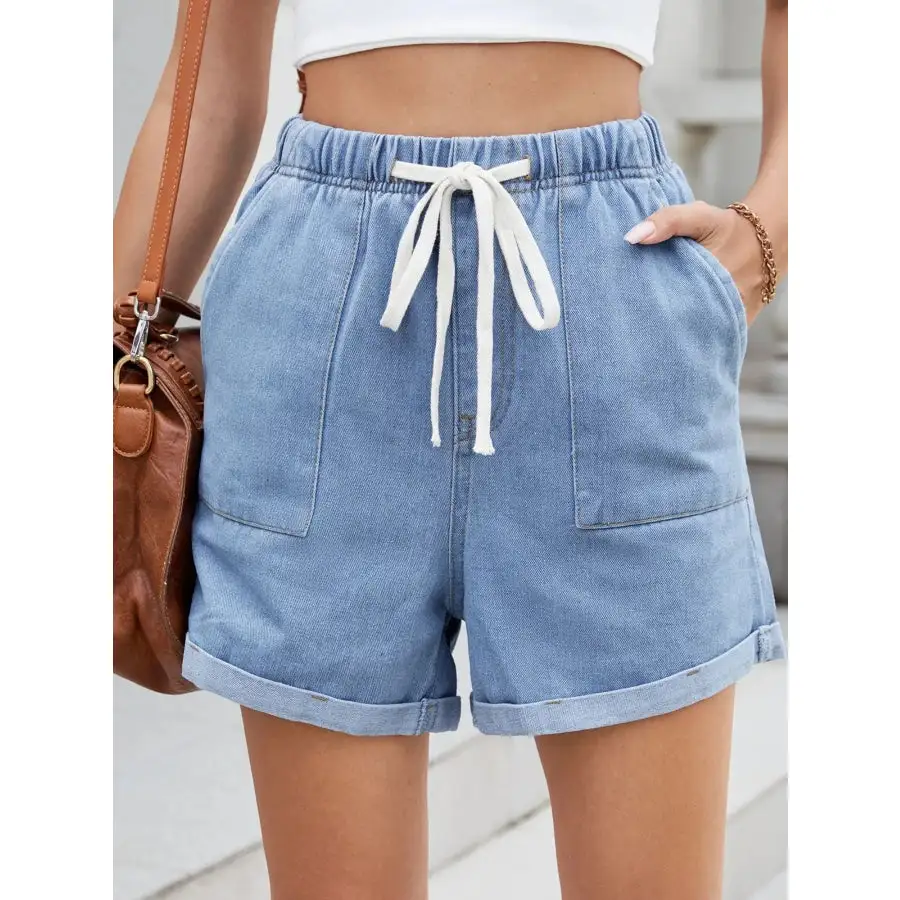 Casual Drawstring Pocketed Denim Shorts