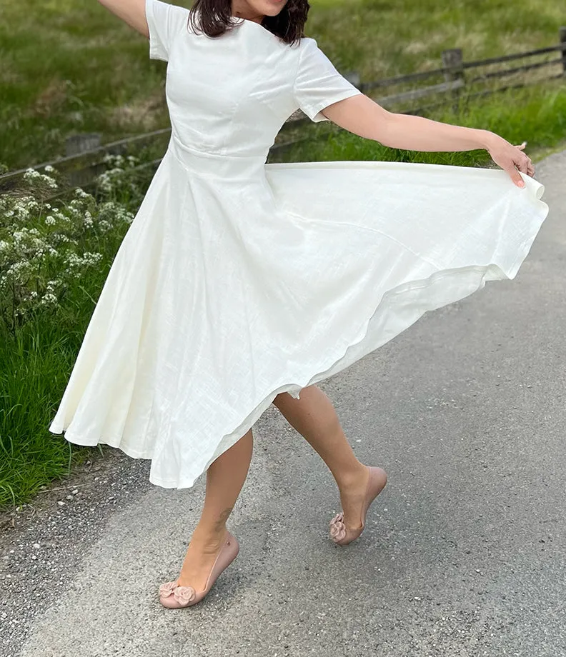 Linen Cotton Boat Neck Short Sleeve Midi Dress