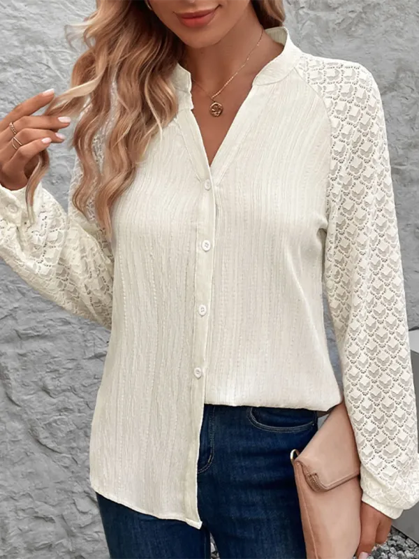 V-Neck Stand-Collar Long-Sleeve Pocketed Casual Shirt