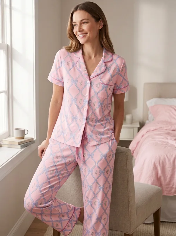 Women's Coquette Aesthetic Blue Bow Lattice Printed Pajama Set