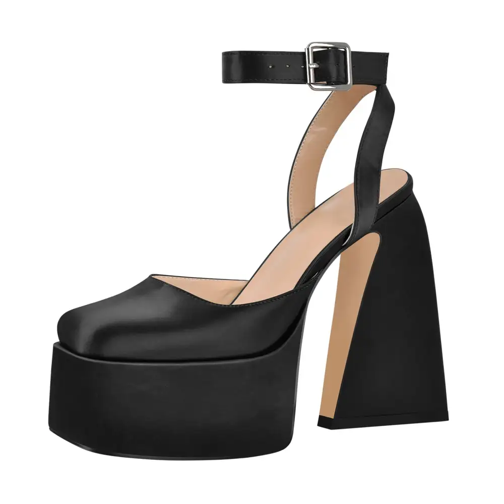Square Toe Platform Chunky Heel Ankle Strap Pumps