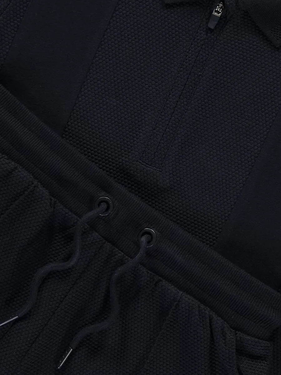 Navy Textured Polo and Shorts Set