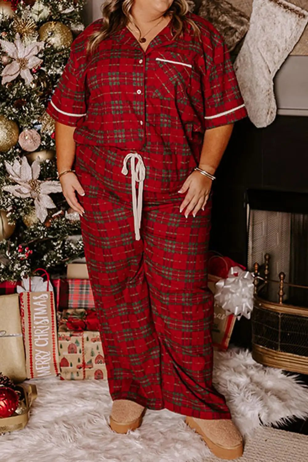 Plus Plaid Shirt And Loose Pants Pajama Set