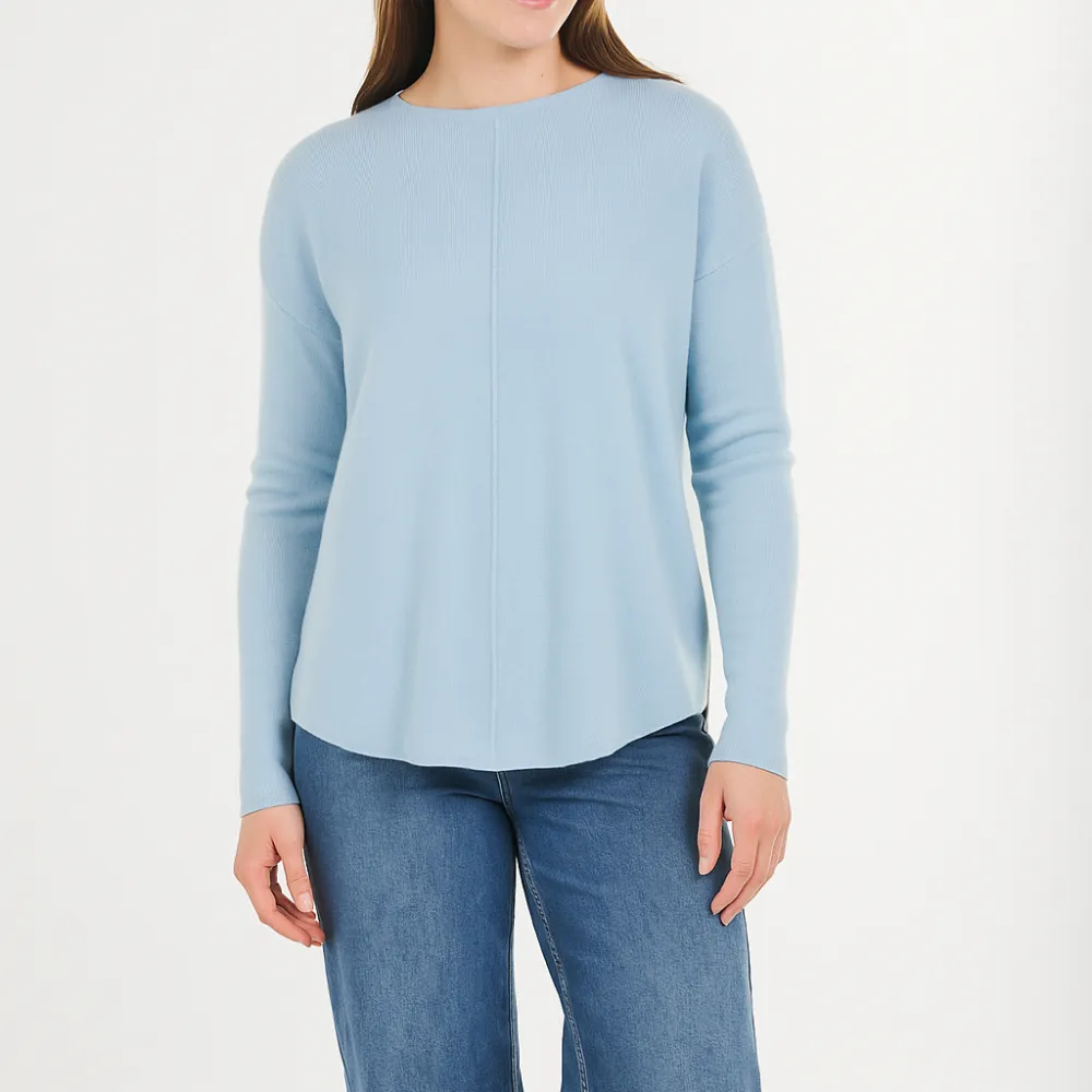 Merino Cashmere Crew Neck Curved Hem Pullover