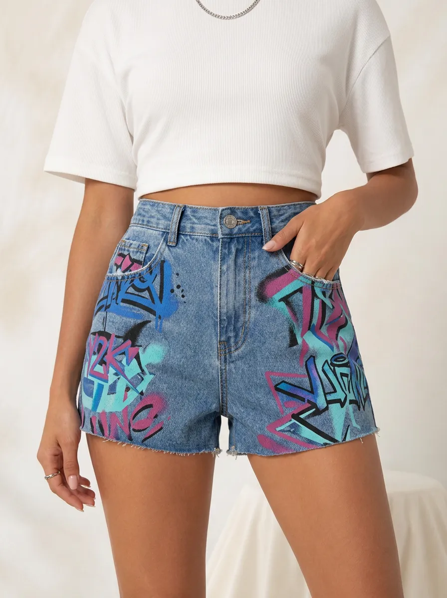 Women's Streetwear Graffiti Art Printed Denim Shorts