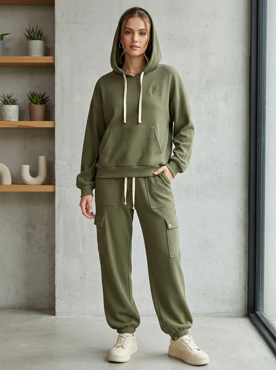 Women's Olive Green A5 Leaf Embroidered Waffle Knit Hoodie Jogger Set