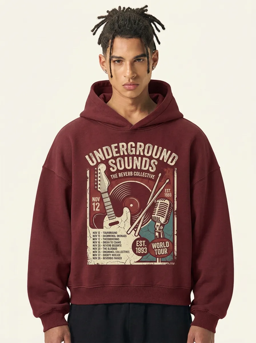 Men's Rock Music Lover Underground Sounds Guitar Vinyl Printed Hoodie