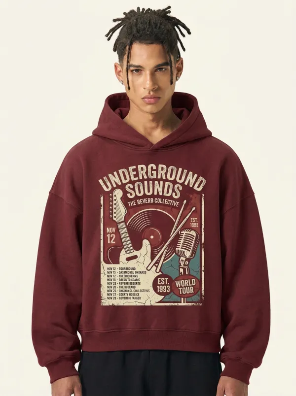 Men's Rock Music Lover Underground Sounds Guitar Vinyl Printed Hoodie