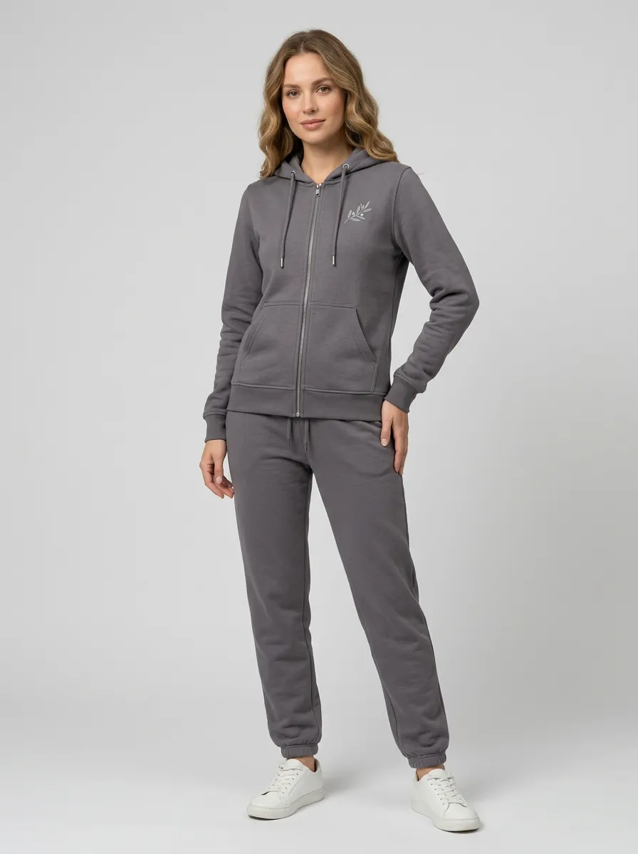 Women's Charcoal Grey Olive Branch Graphic Zip-Up Hoodie Jacket & Jogger Set