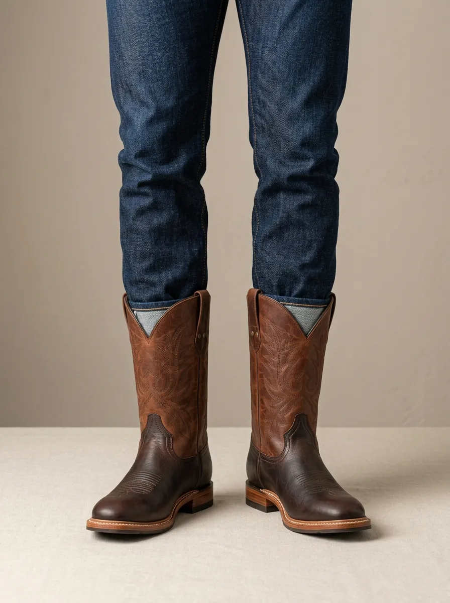 Men's Western Cowboy Two-Tone Leather Embroidered Western Cowboy Boots