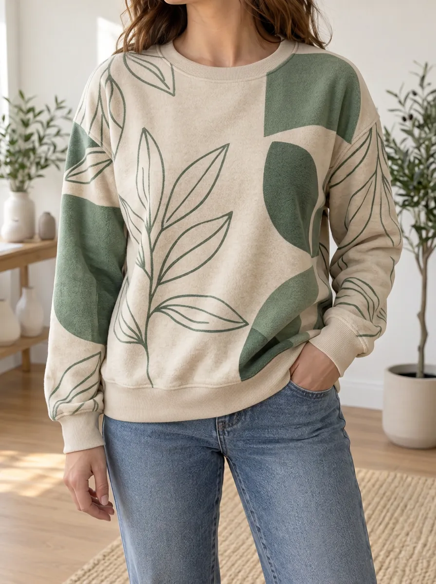 Women's and Botanical Print Crewneck Sweatshirt Geometric