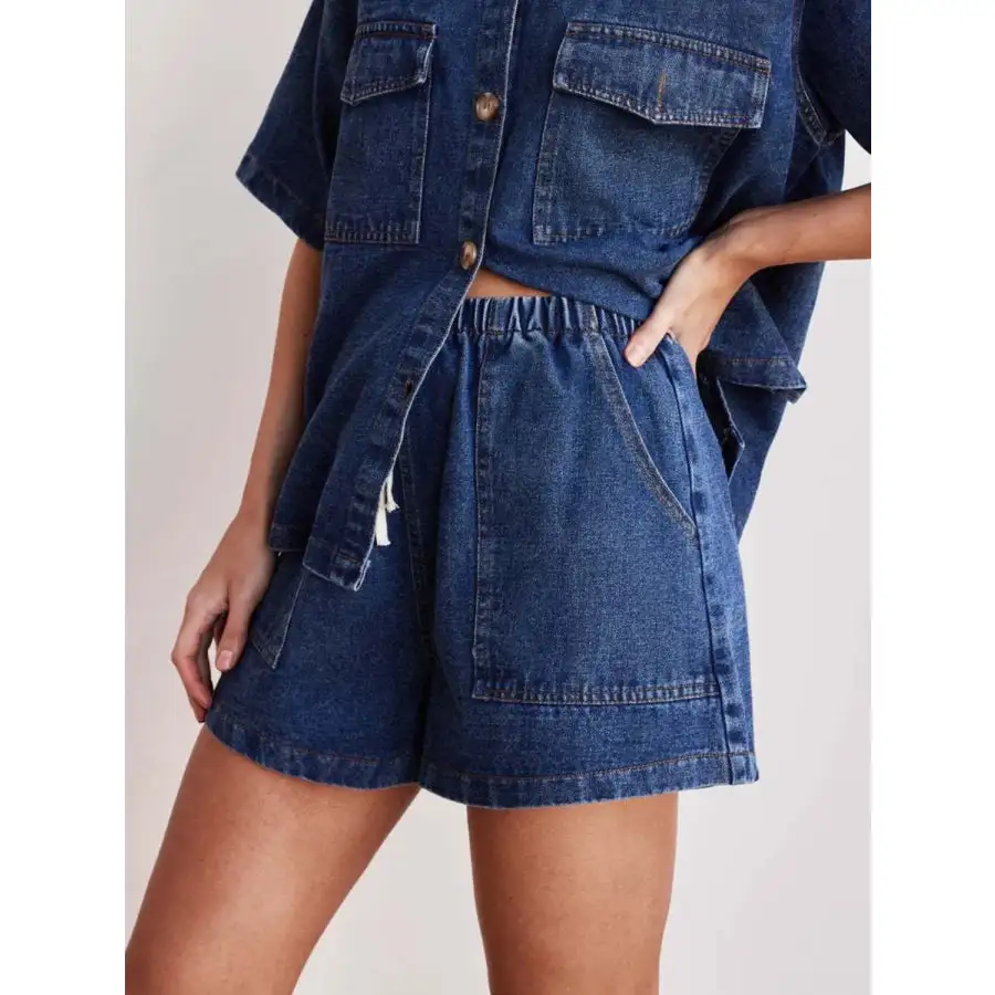 Drawstring Elastic Waist Pocketed Denim Shorts