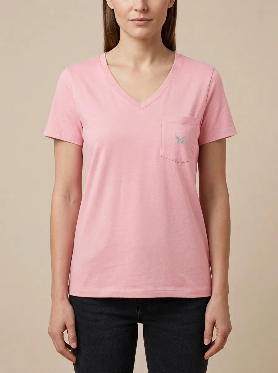 Women's Butterfly & Sparkle Graphic Pocket V-Neck T-Shirt