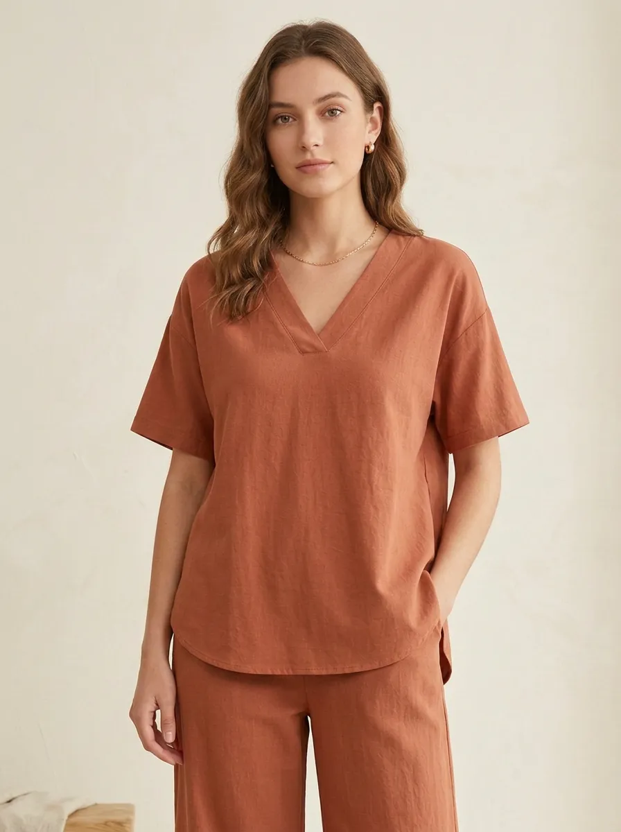 Trimmed Minimalist Women's V-Neck Casual Lounge Set