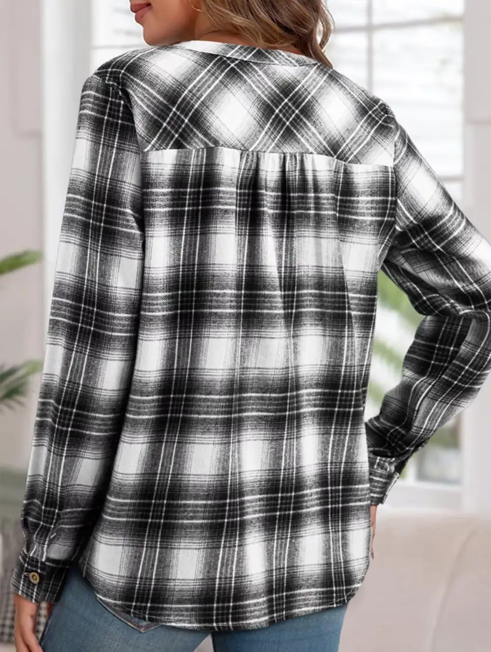 V Neck Plaid Button Shirt
