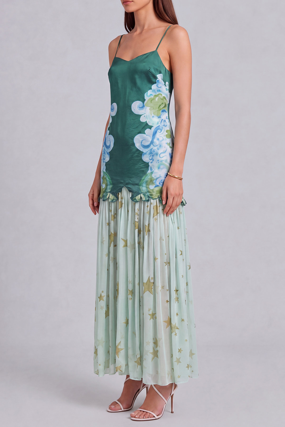 Spaghetti Strap Ruched Printed Maxi Dress