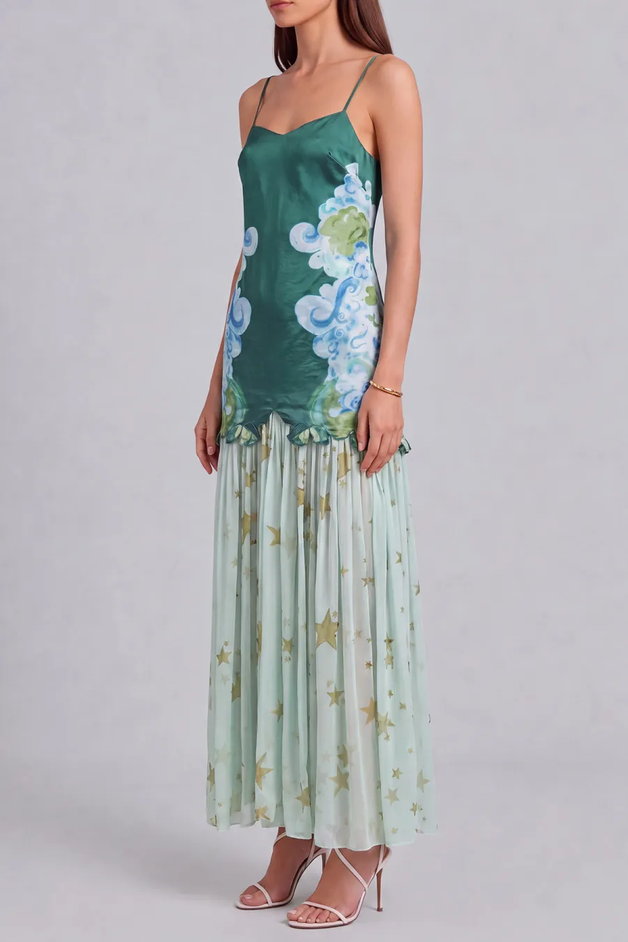 Spaghetti Strap Ruched Printed Maxi Dress