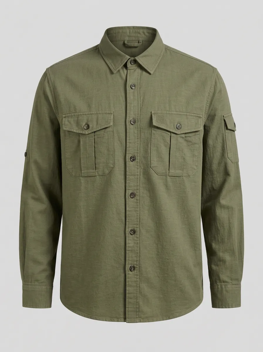 Men's Outdoor Casual Olive Green Multi-Pocket Breathable Shirt